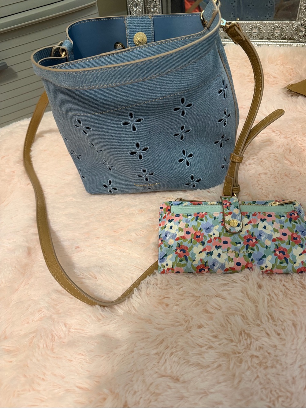 ⭐️Nanette Lepore Floral-Accent Denim Bucket Bag with Tan Strap and wallet